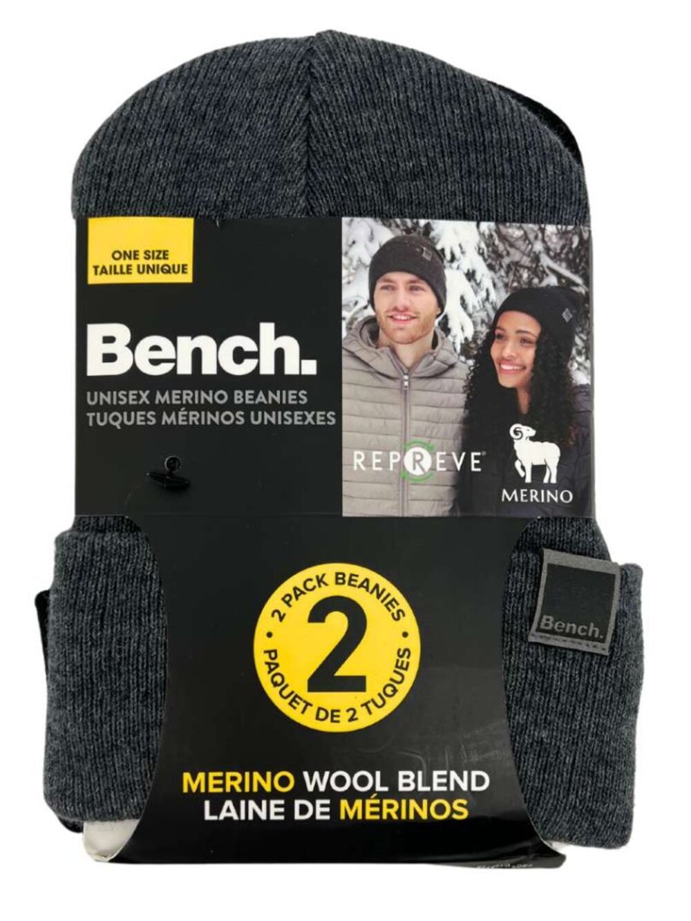 Bench Unisex Black & Grey Merino Wool Blend Winter Hats: 2 Pack / One Size